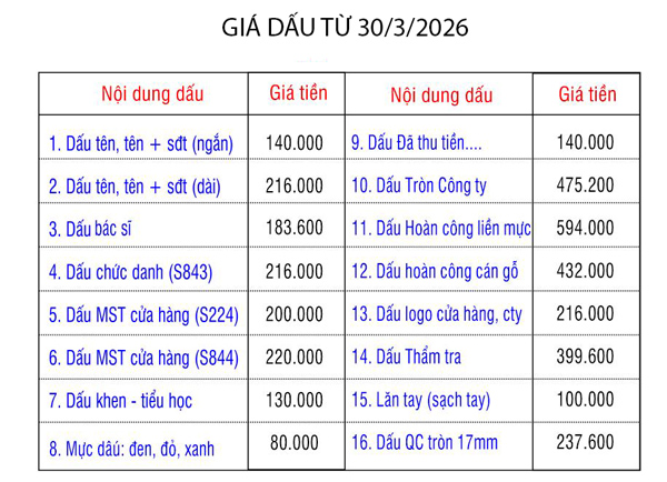 Bảng giá khắc dấu Hải Phòng